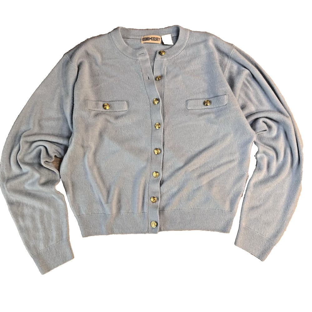 VTG Kerri N Kelsey Women’s Light Blue Gold Etch Buttons Knit Sweater Size Medium